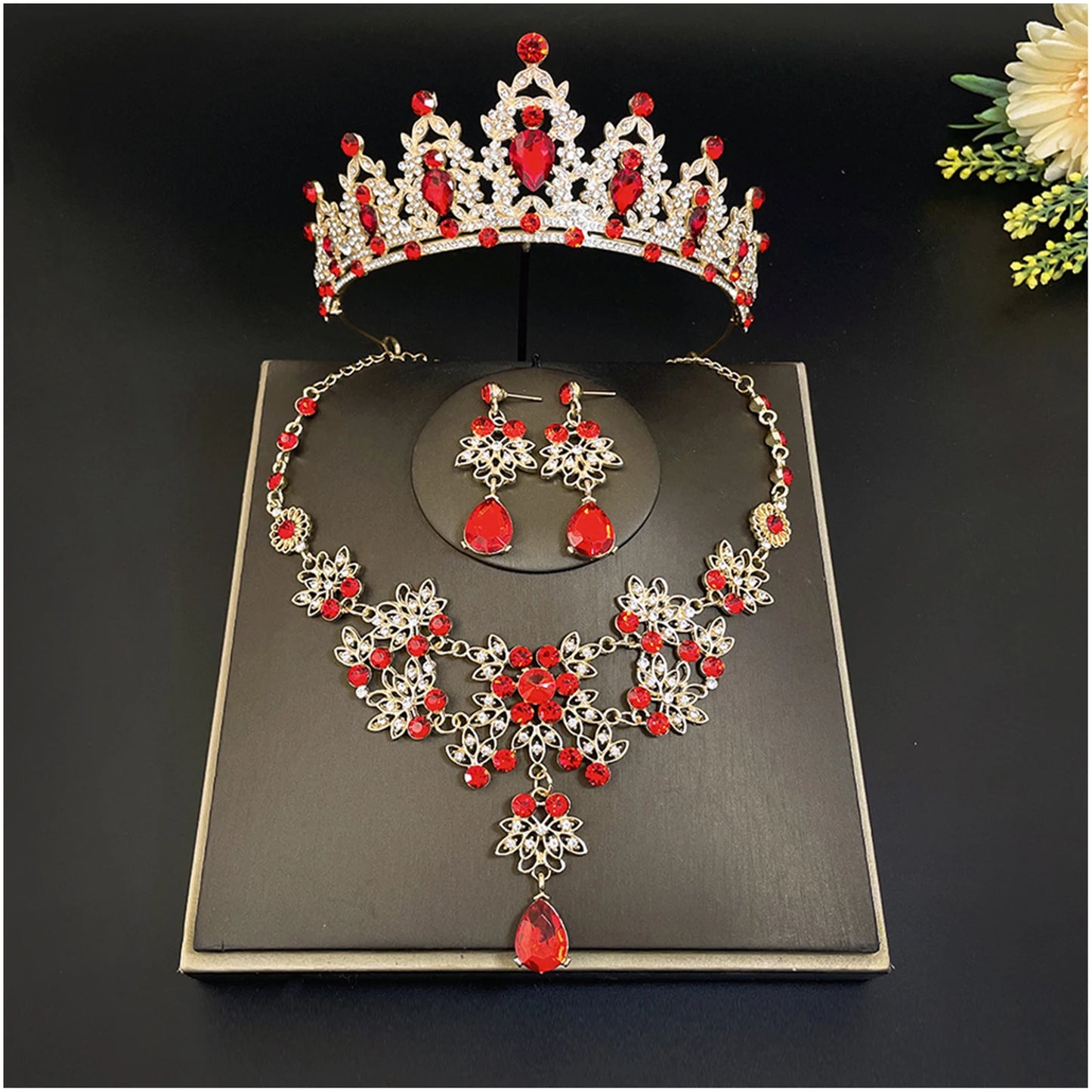 3-Pack Wedding Tiara Necklace Earrings Tiara Earrings Necklace Crystal Headband Dangle Earrings and Rings Sets for Bridesmaid