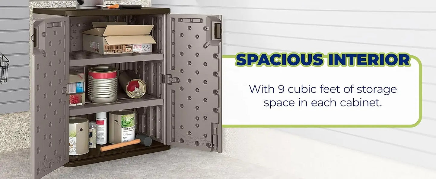 Suncast 2 Pack 9 Cu. Ft. Base Storage Cabinet, Resin Garage Organizer, Platinum Metallic/Slate