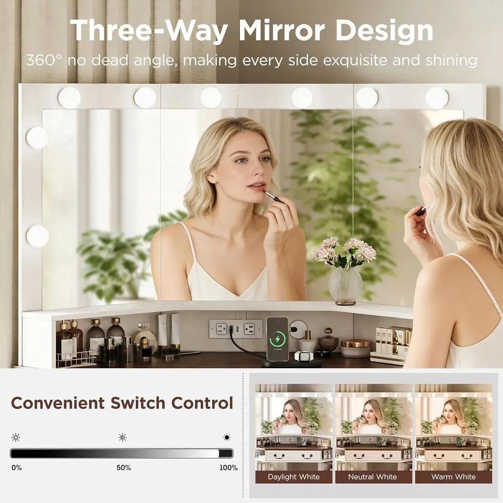 43 White Makeup Vanity Desk with 3-Way Mirror, Lights, Charging Station, and Storage