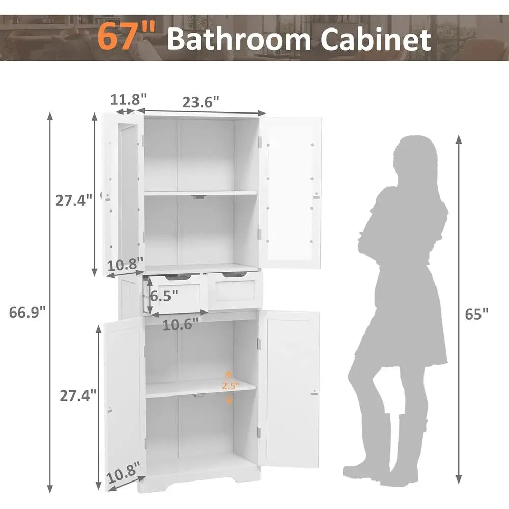67" Tall Bathroom Storage Cabinet, reestanding Bathroom Cabinet with Glass Doand Shelves, Large Bathroom Cabinet with 2 Ders or