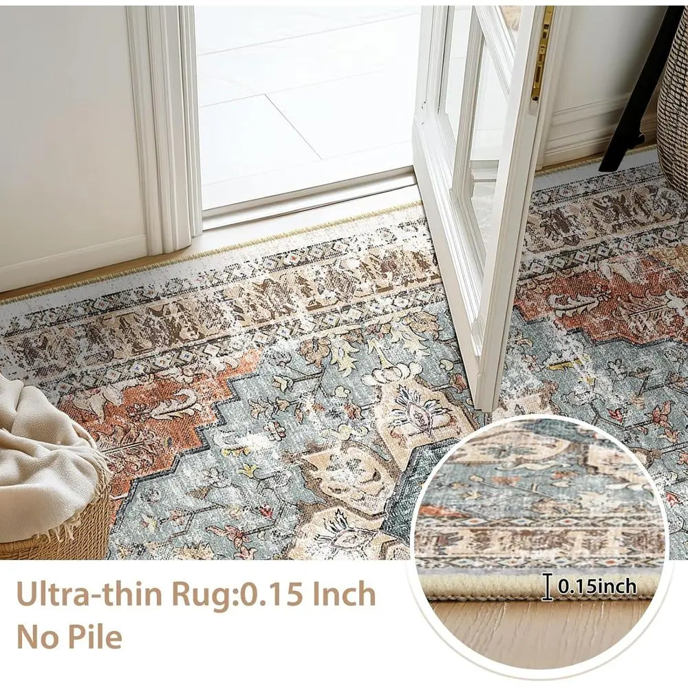 8x10 Ft. Washable Boho Area Rug, Non-Slip Vintage Distressed Carpet for Living Room, Dining, and Bedroom, Green Brick with Rust