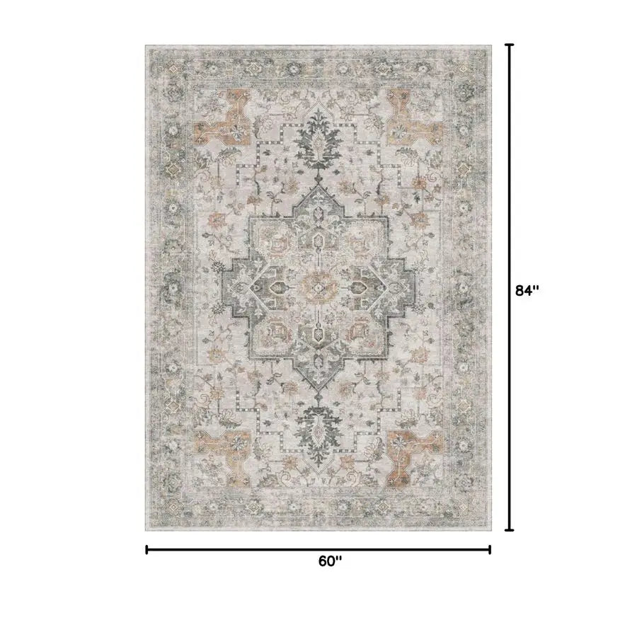 5X7 Area Rugs for Living Room, Machine Washable Non Slip Vintage Rugs, Low Pile Lightweight Chenille Print Rug for Bedroom, Dini
