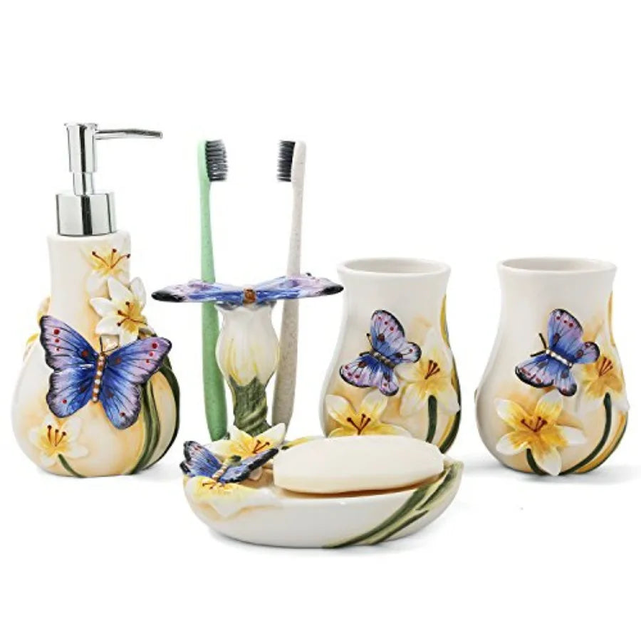 Ceramic Bathroom Accessory Set Dancing Butterfly 5 Pieces Including Toothbrush Holders 2 Gargle Tooth-Brushing Cups Soap Dishes