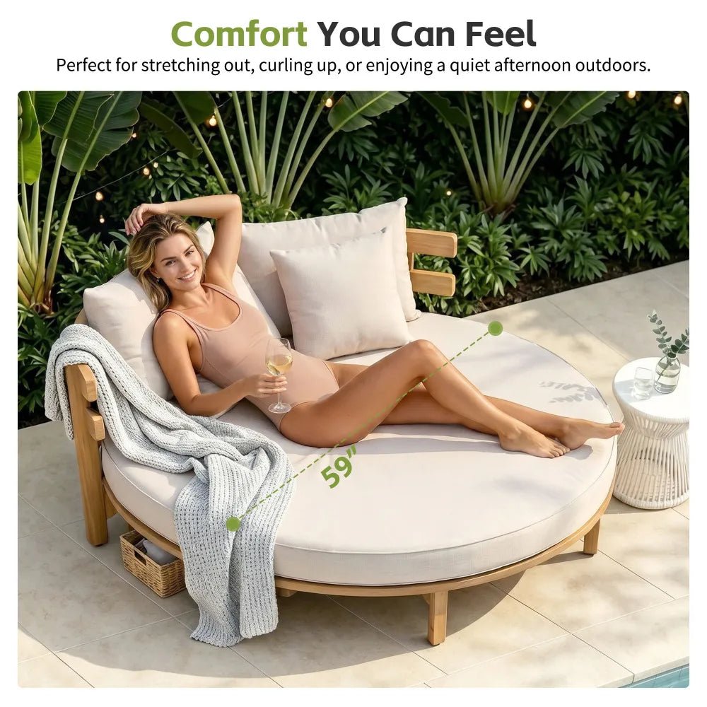 Outdoor Acacia Wood Round Daybed, Patio Lounger with Curved Slatted Backrest, Cushion and 4 Pillows for Backyard, Poolside