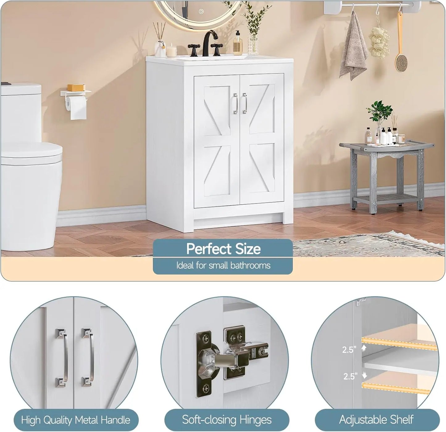 Farmhouse Bathroom Vanity with Sink, Freestanding Bathroom Vanities with Ceramic Basin & Soft-Close Door, Wood Cabinet