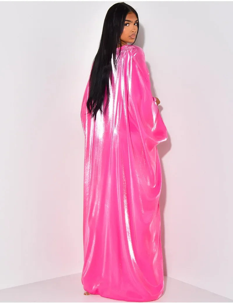 BWQ Women Loose O-neck Full Batwing Sleeve Long Maxi Dress Summer Satin Vintage Africa Streetwear Vestido Evening Dresses