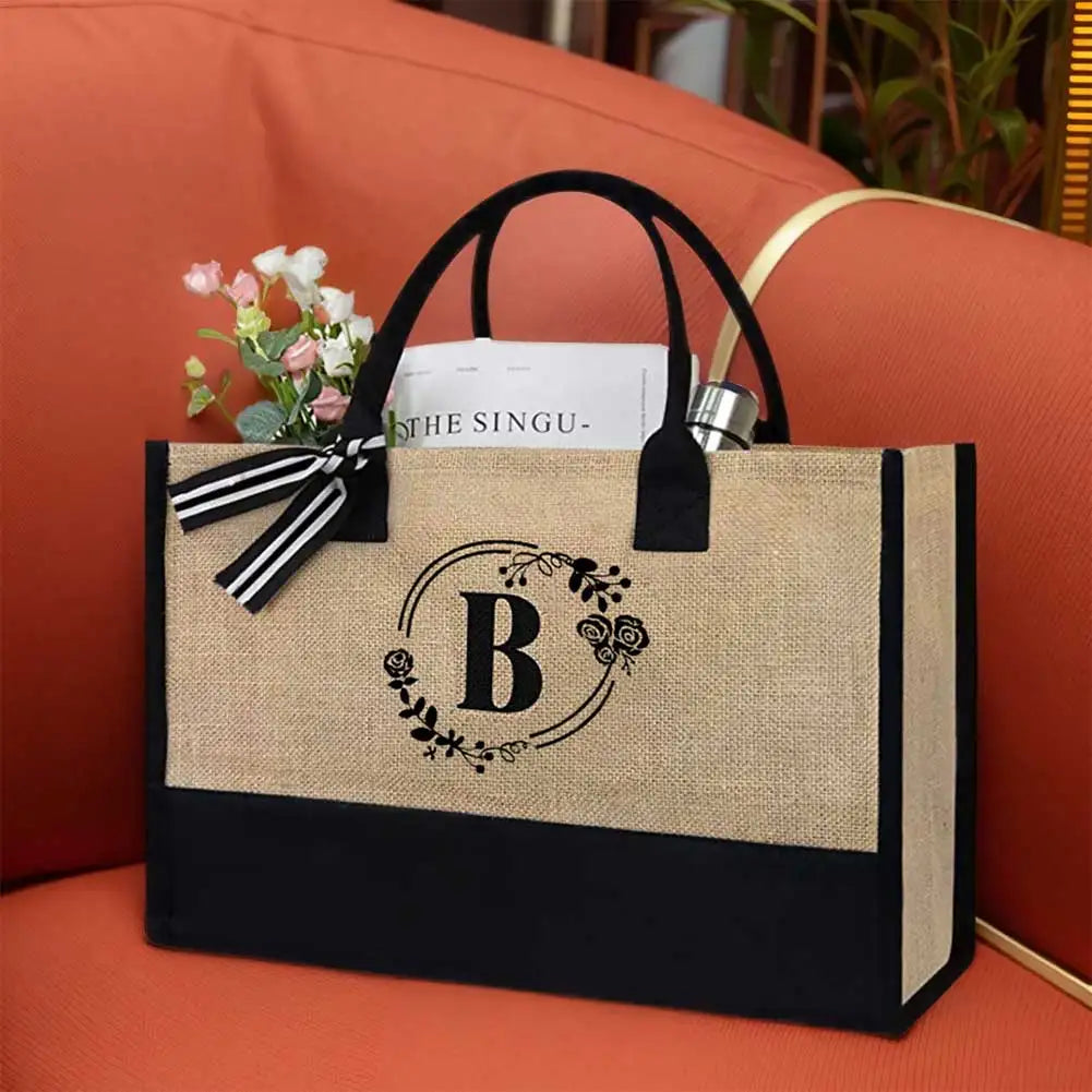 Women Jute Tote Bag Fashion Shopping Bag with Letter Stylish Commuting Bag Linen Travel Handbag for Teachers Friends Bridesmaids