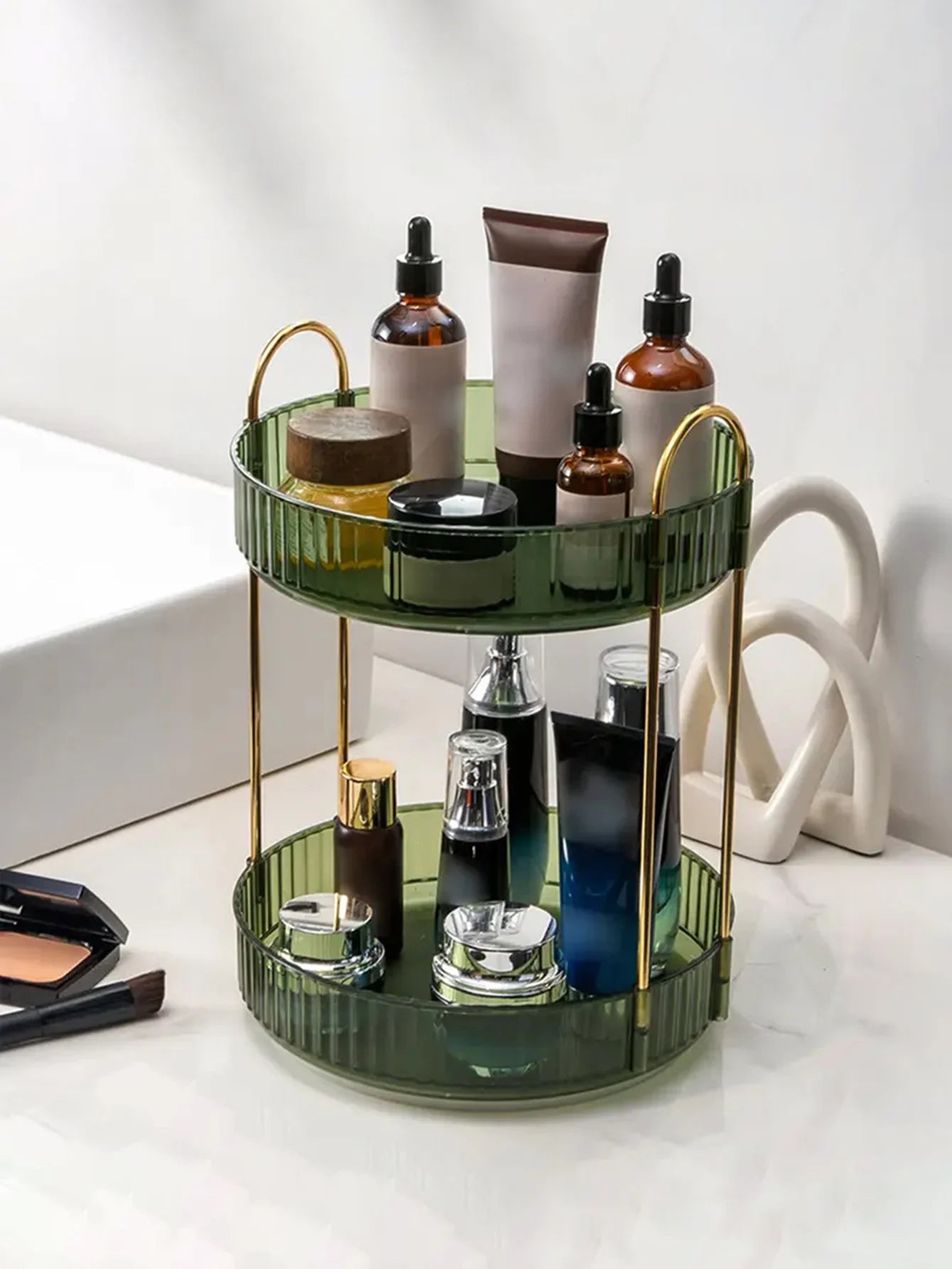 Green large capacity bathroom rotating storage rack, countertop makeup rack, suitable for placing skincare and household items.