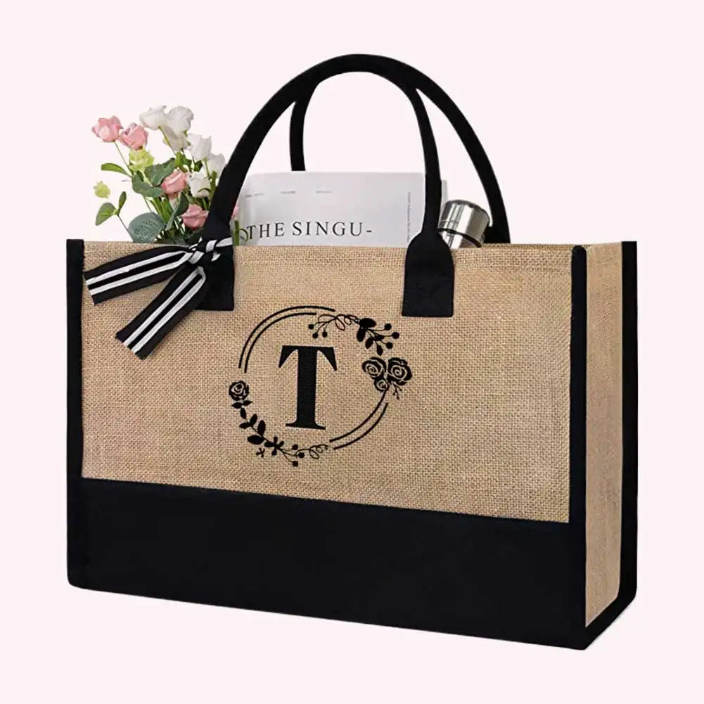 Women Jute Tote Bag Fashion Shopping Bag with Letter Stylish Commuting Bag Linen Travel Handbag for Teachers Friends Bridesmaids