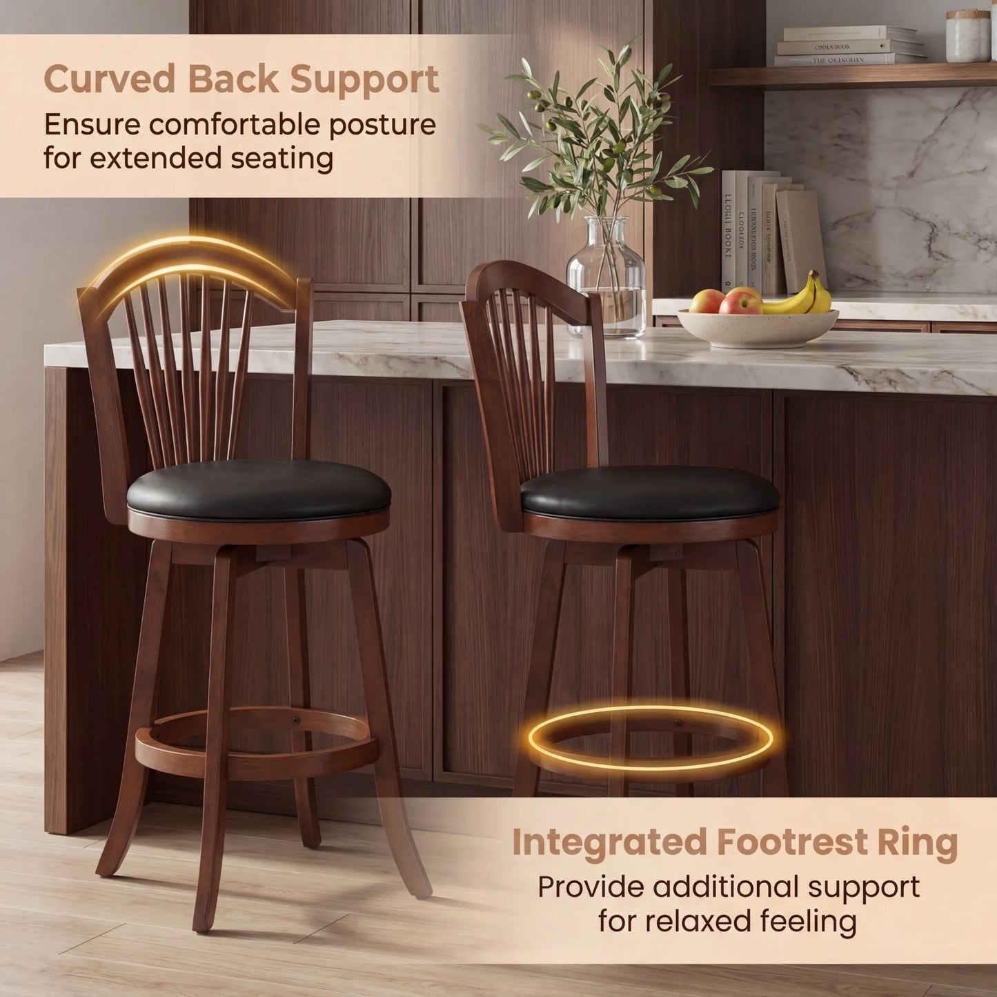 Swivel Bar Stools Set of 2, 31” Bar Height Barstools w/ Backrests & Wood Frame