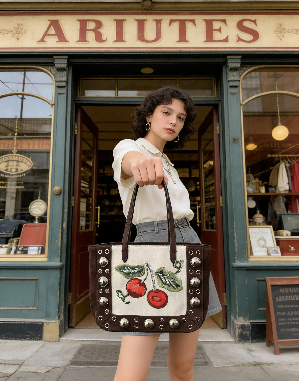 Women Cherry Embroidery Rivet Tote Shoulder Bag, Casual Large Capacity Handbag for Daily Commute and Street Style