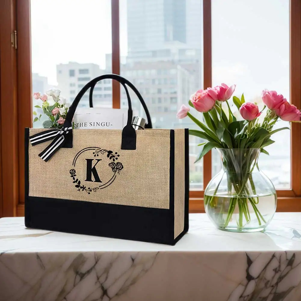 Women Jute Tote Bag Fashion Shopping Bag with Letter Stylish Commuting Bag Linen Travel Handbag for Teachers Friends Bridesmaids