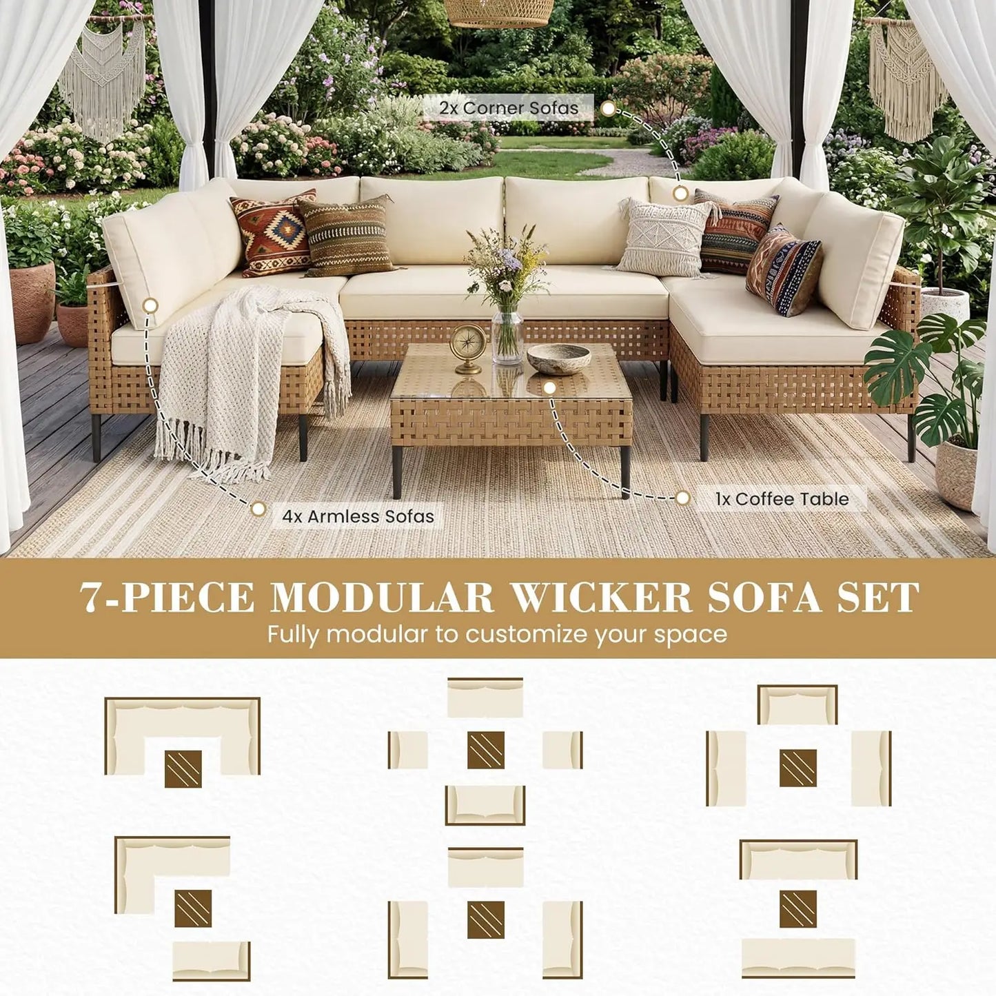 Wicker Patio Furniture Set, 7-Piece Modular Outdoor Furniture Set, High-Leg Design Sectional Patio Sofa with Glass, Customized