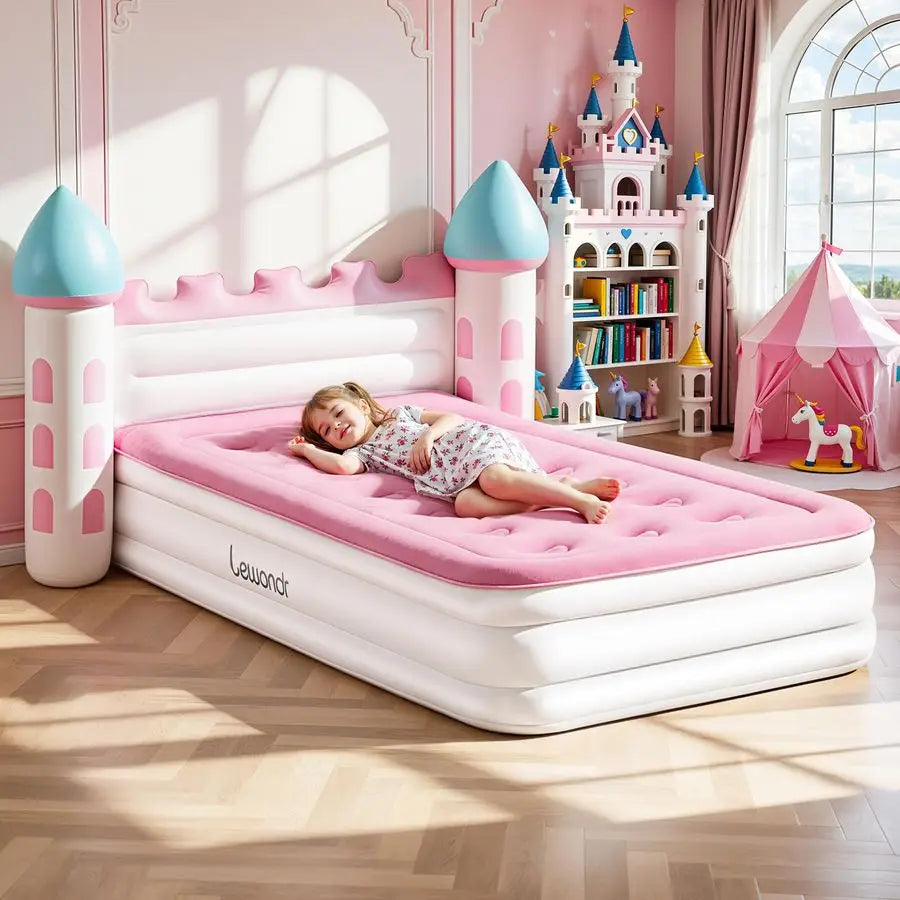 Inflatable Kids Bed, Pink Castle Toddler Travel Bed with Electric Air Pump, Kids Blow Up Mattress with Portable Storage Bag, Ki