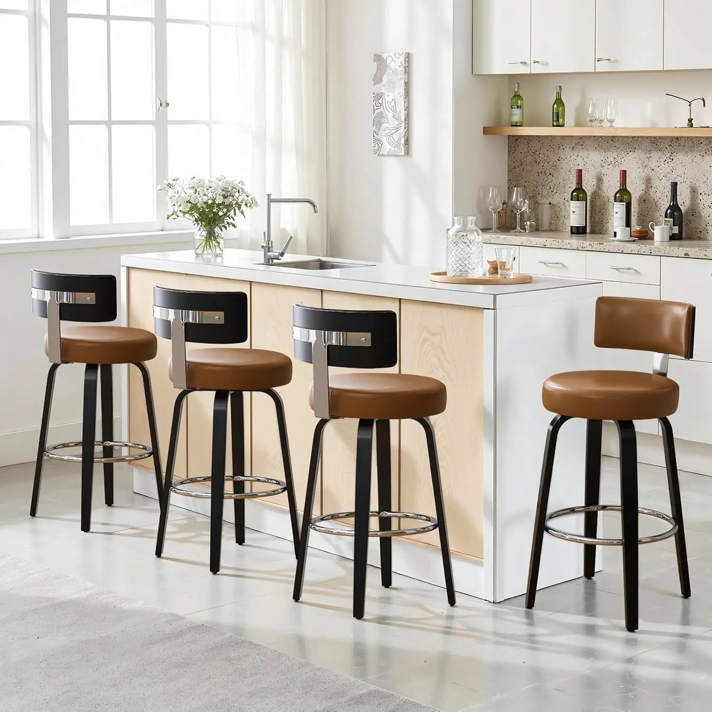 Swivel Counter Height Bar Stools Set of 4, Faux Leather Kitchen Stools Upholstered Barstools with Back, Walnut Wood, Customized