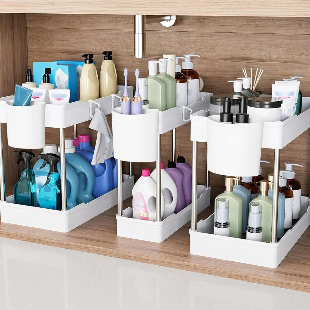 3 Pack Under Sink Organizers, 2 Tier Bathroom Cabinet Organizer with Hanging Cups, Kitchen & Bathroom Storage (White)