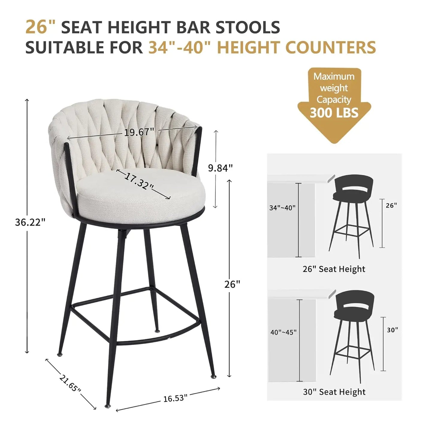 Bar Stools Set of 4 for Kitchen Counter, 26 inch Modern Fabric Counter Height Barstools, 360°Swivel Bar Chairs, Customized