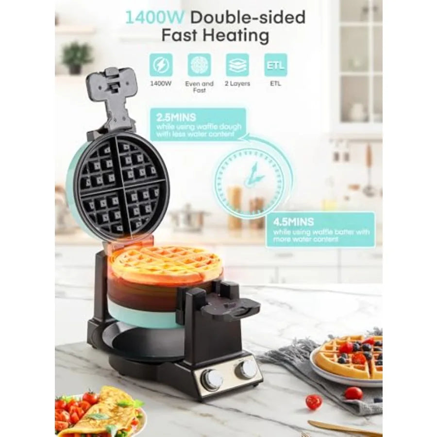 2-in-1 Omelette MakerWaffle Maker 1400W Mint Green Nonstick Pans Adjustable Browning Control 180 Flip Home Kitchen Appliance fo
