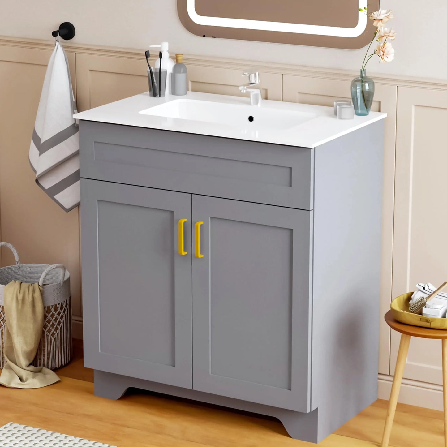30 Inch Bathroom Vanity with Sink, Modern Bathroom Vanity with Ceramic Basin and Countertop, Easy Assembly
