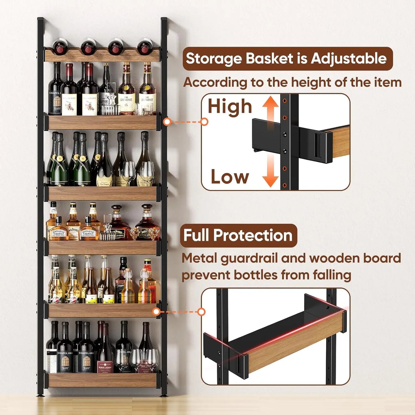 6-Tier Metal Wine Rack Wall Mounted, Adjustable Height Freestanding Floor Shelf for Home Bar Kitchen Storage