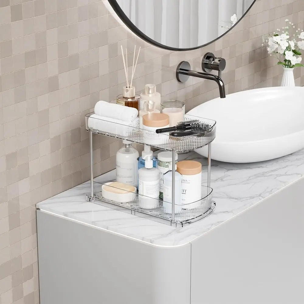 2 Pack Large Pull Out Bathroom Organizers and Storage, 2 Tier 12.8 Tall Sliding Kitchen Under Sink Organizer, Clear Acrylic Bath