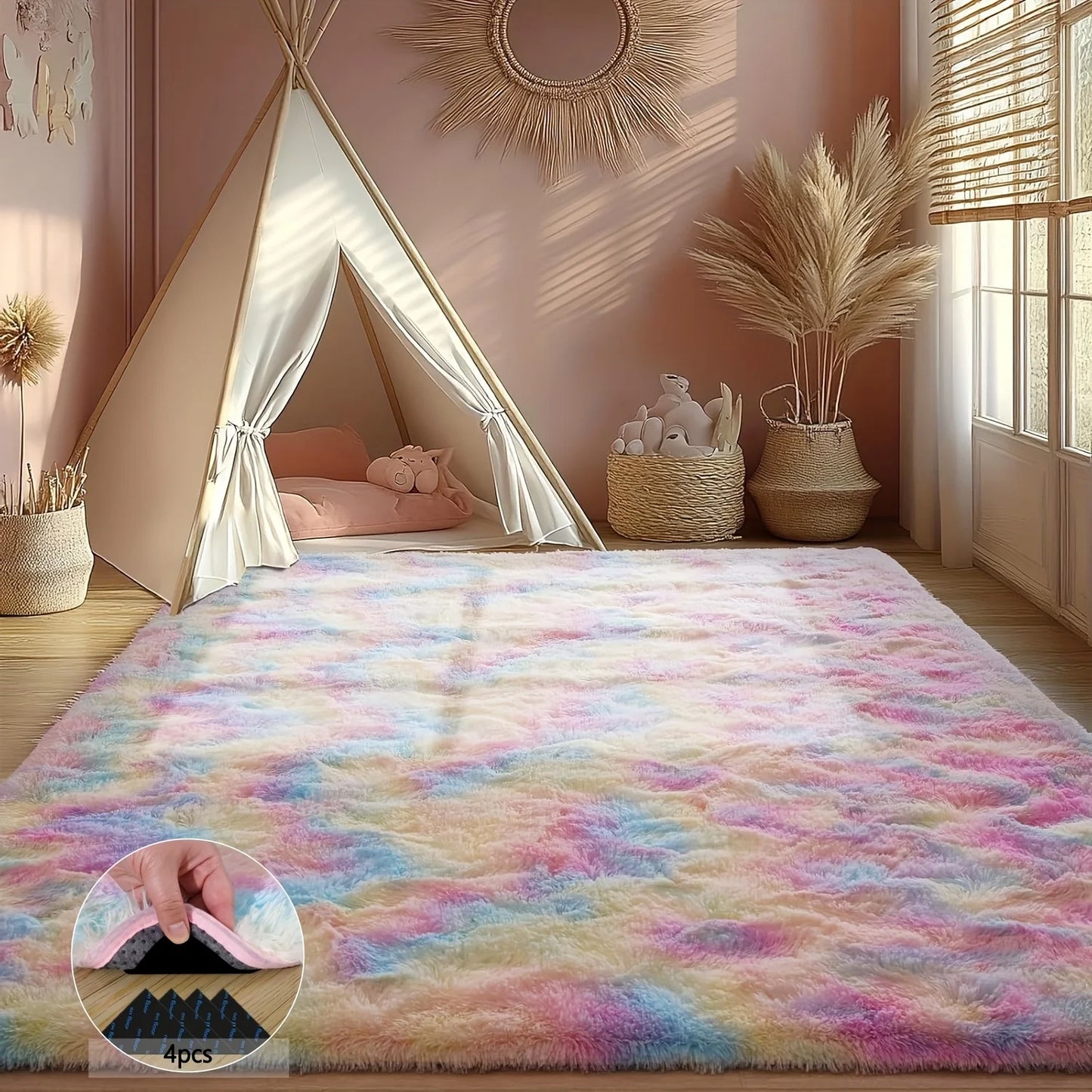 Room Decor Rug,Shaggy Non-Slip Tie-Dye Rainbow Rugs for Living Room/Bedroom/Nursery – Luxury Plush Carpet with 4 Rug Stickers