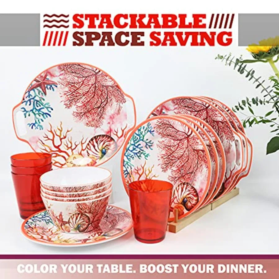 Melamine Dinnerware Set for 4-16 Pcs:Camping Dishes Set with Dinner PlatesSalad Plates Cups and Bowls.Lightweight and Unbreakab