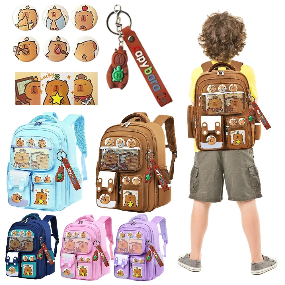 Capybara Kawaii Schoolbag with Pendant Adorable Daypack Large Capacity Oxford Cloth Rucksack Travel Vacation Backpack
