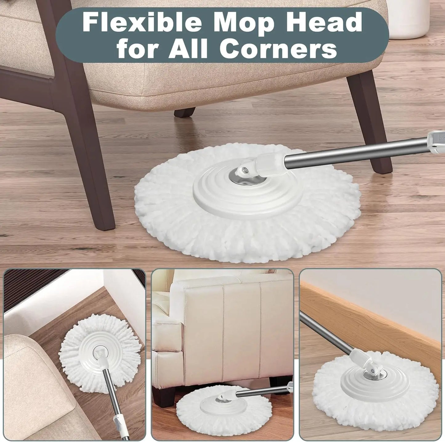 Spin Mop and Bucket Set with Wringer, 6 Refills, 61" Handle for Easy Floor Cleaning - White
