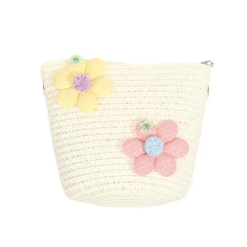 Girl Zipper Flower Straw Bag Cute Photo Props Handmade Woven Kid Messenger Bags Storage Basket Coin Purse Crossbody Handbag