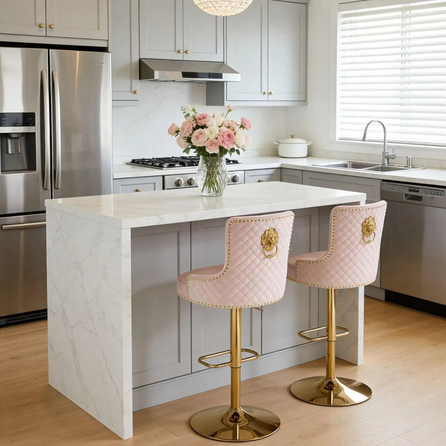 Gold Bar Stools Set of 4, Height Adjustable Velvet Island Chairs Upholstered Bar Height Chairs for Kitchen Counter, Cream