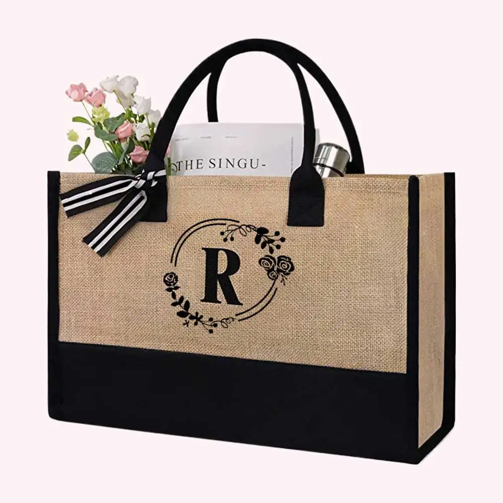 Women Jute Tote Bag Fashion Shopping Bag with Letter Stylish Commuting Bag Linen Travel Handbag for Teachers Friends Bridesmaids