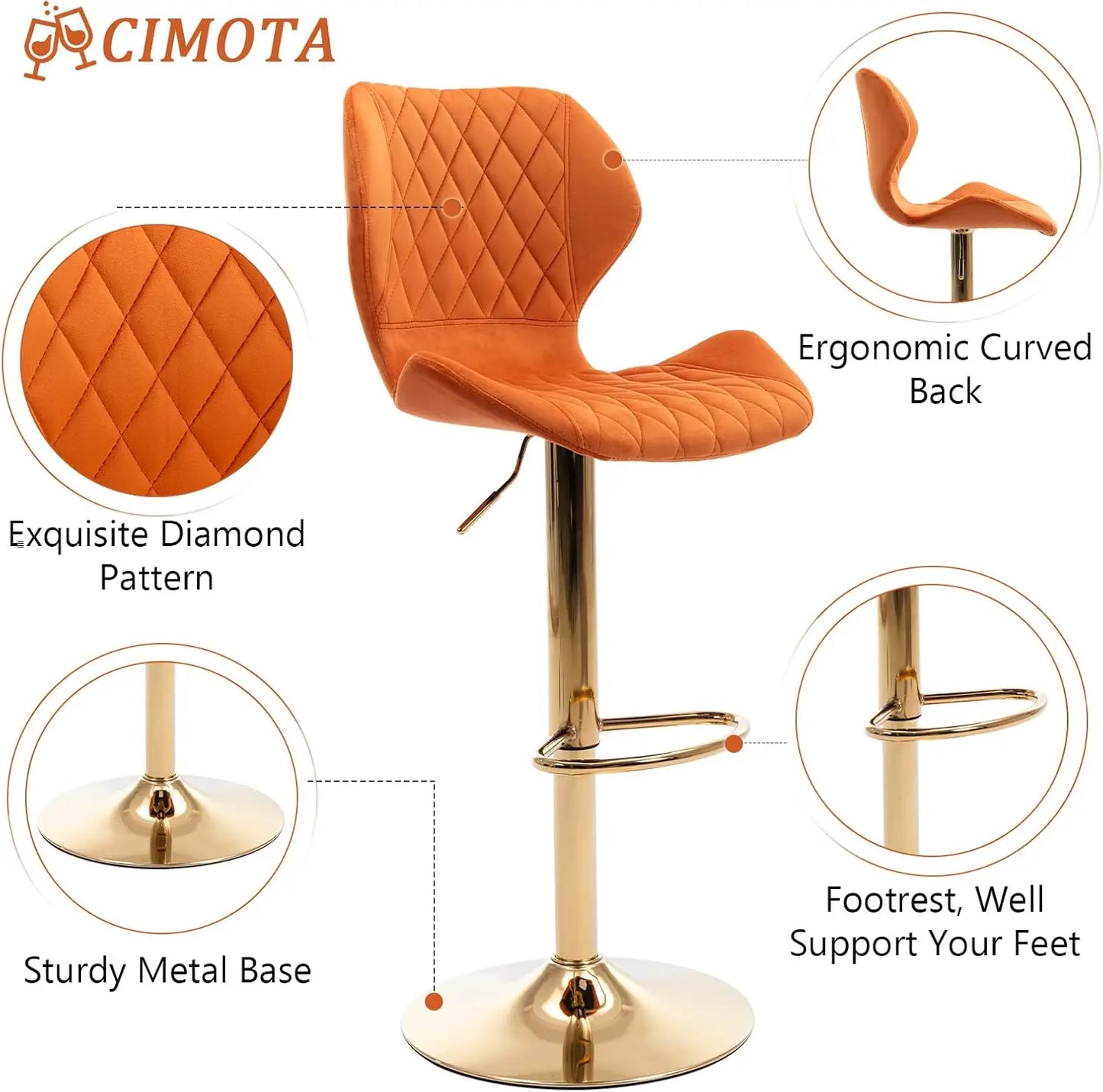 Swivel Adjustable Bar Stools Set of 2 Modern Gold Counter Height Bar Chairs for Kitchen Island Velvet Tall Barstools with Bac