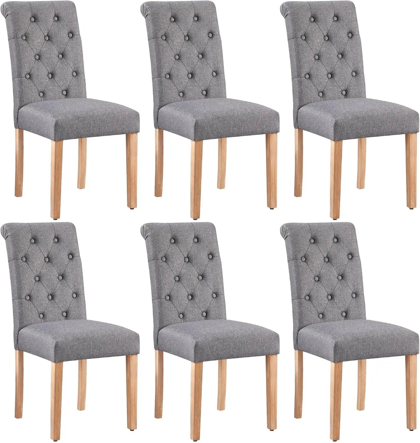 Dining Chair Set, 6 Upholstered Fabric Chairs, Button-up Tufted High Backs, Solid Wood Legs, Modern Style, Beige