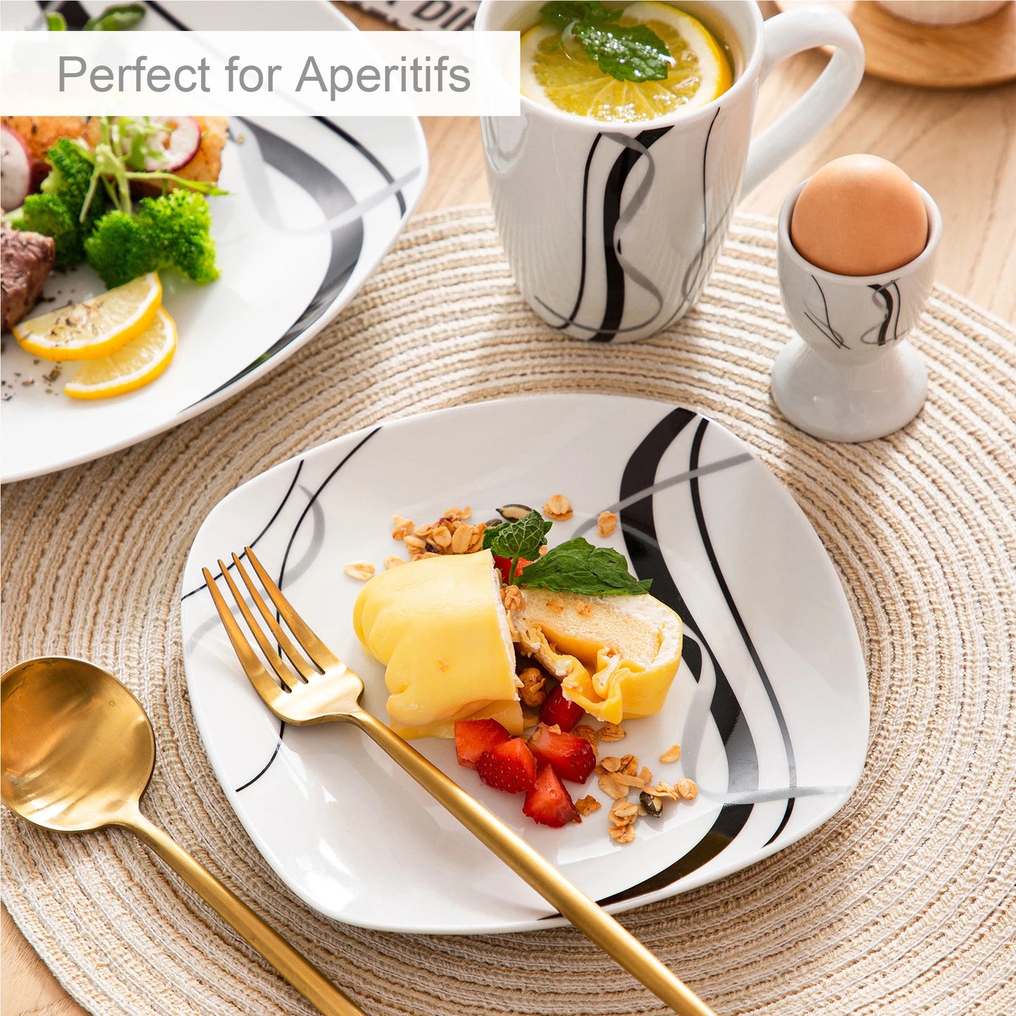 VEWEET FIONA 20/40 Piece Black Stripe Porcelain Dinner Kitchen Plate Combi-Set with Egg Cup/Mug/Bowl/Dessert Plate/Dinner Plate