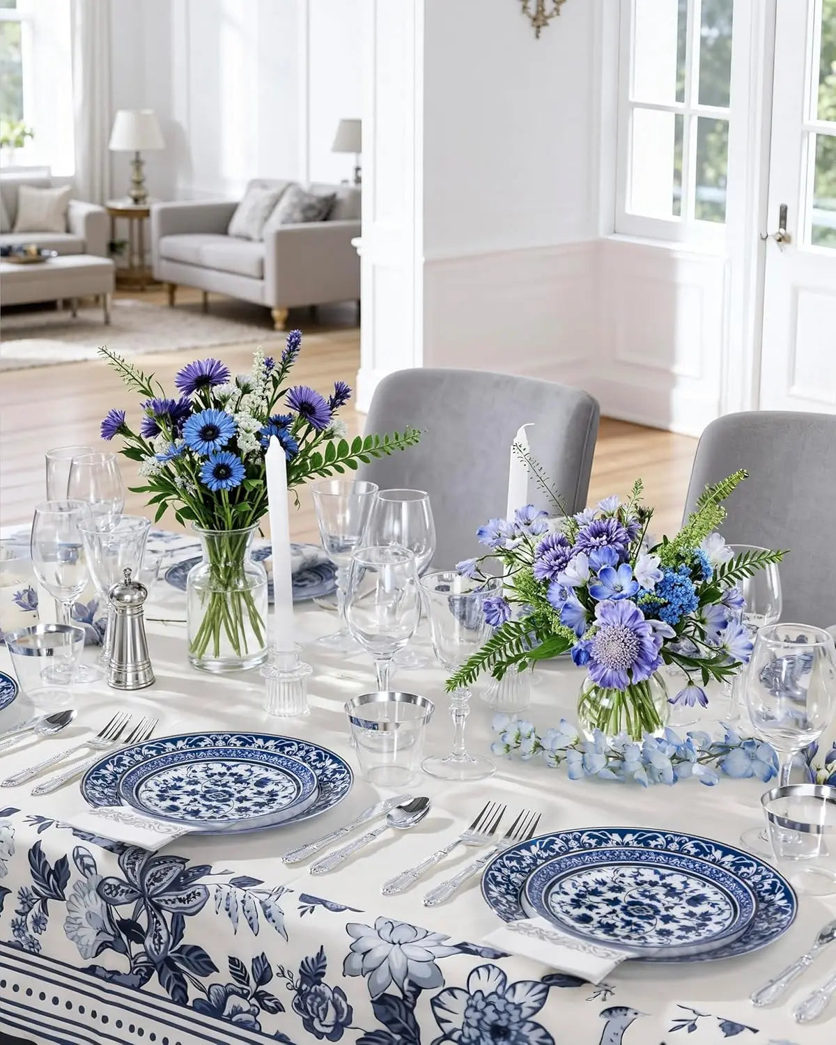 60pcs Blue Plastic Plates Set - Floral Blue & White Porcelain Design, 10.25" Dinner & 7.5" Dessert Plates Disposable for Wedding