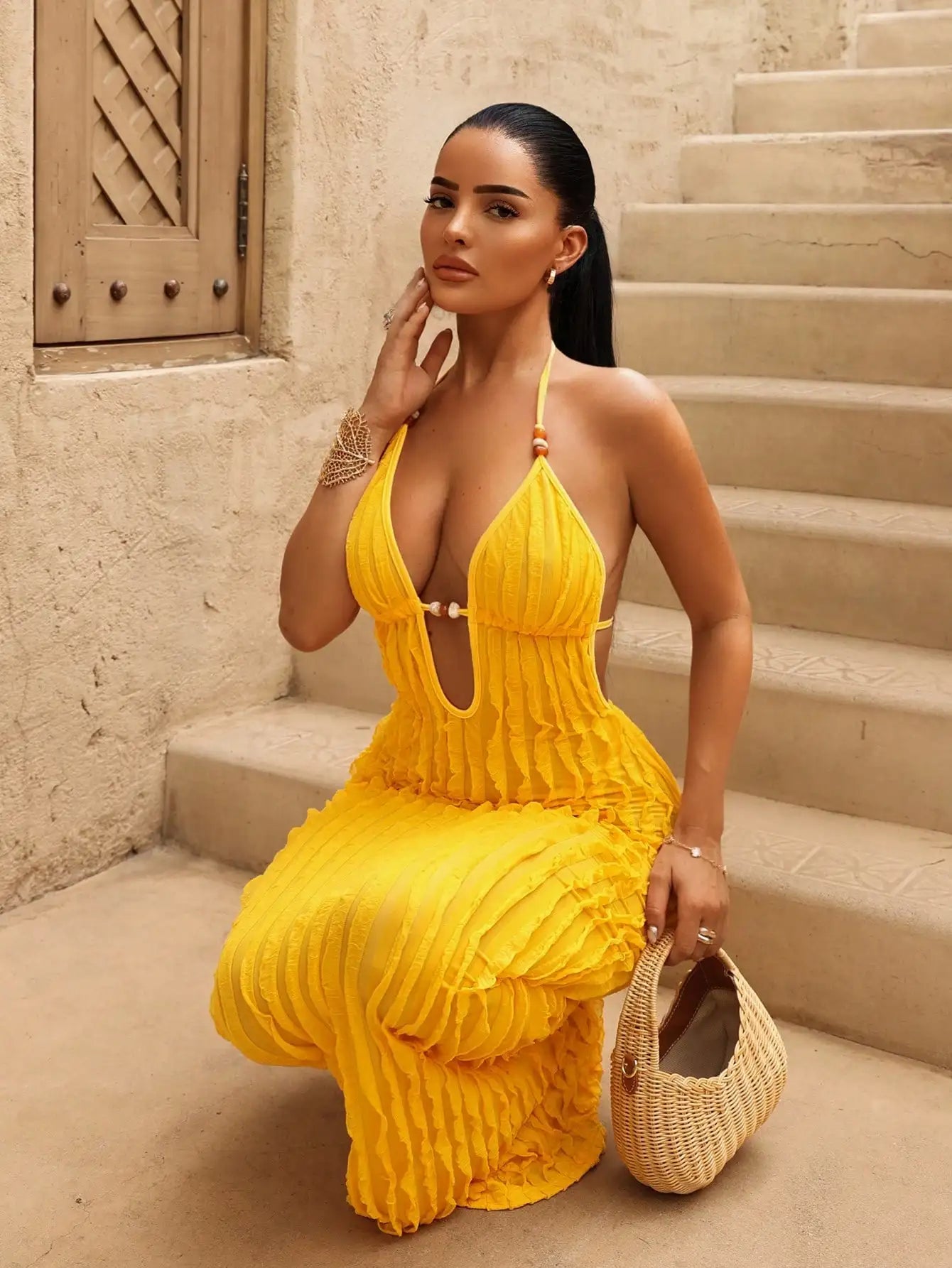 Women's Yellow Deep V Halter Neck Ruched Long Dress with Beaded Detail, Beach Vacation Style