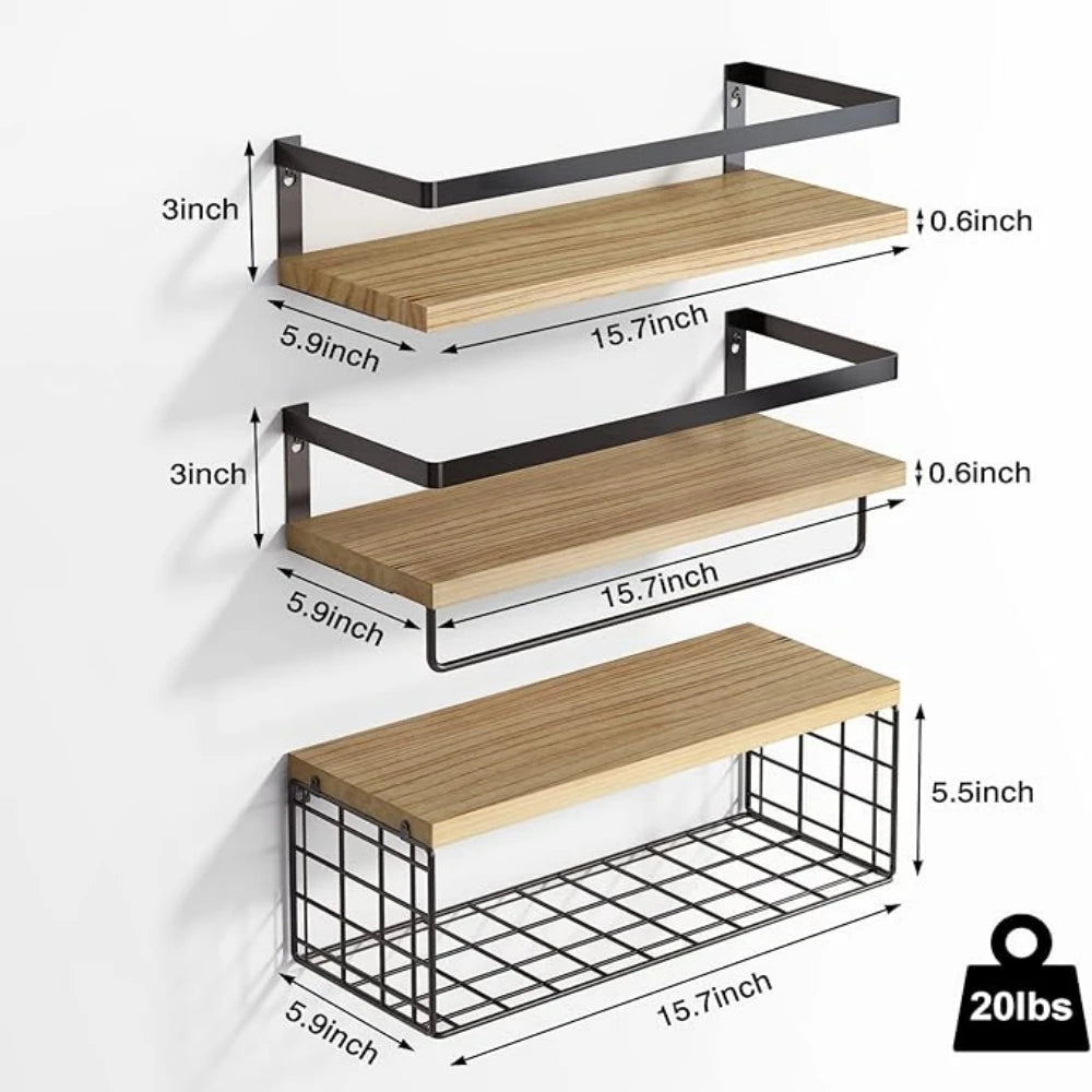 Wall Mounted 3+1 Tier Floating Shelves 16" Width Bathroom Floating Shelf Rustic Wood Shelf Over Toilet with Wire Storage Basket