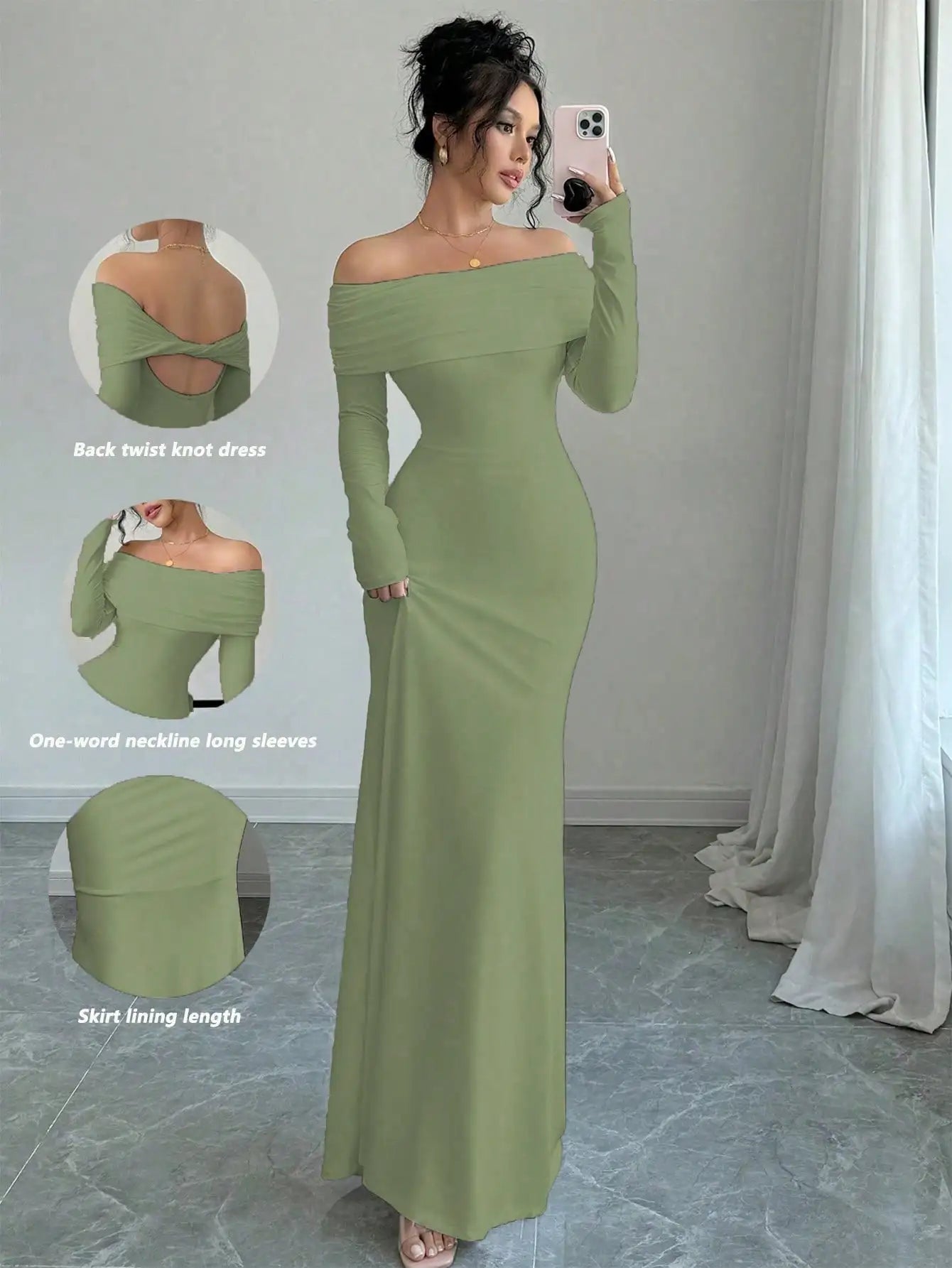 White Off-Shoulder Long Sleeve Maxi Dress with Back Twist Knot, Fitted Silhouette for Evening Events