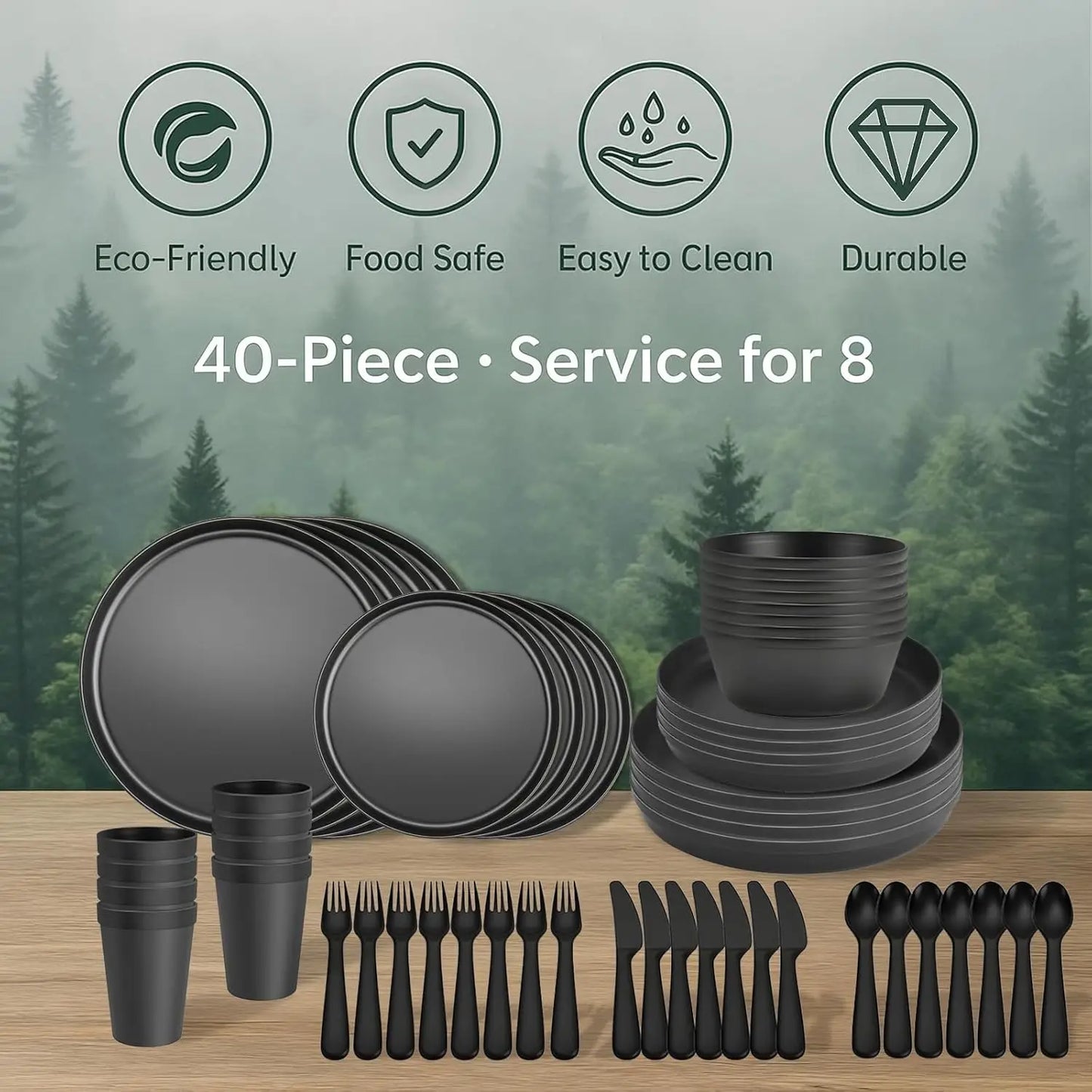 40-Piece RV Camping Dinnerware Set for 8, Microwave Safe Plates Bowls with Cutlery, Lightweight Unbreakable Plastic Dishes