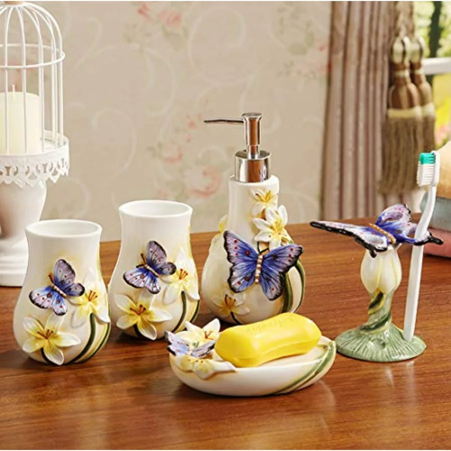 Ceramic Bathroom Accessory Set Dancing Butterfly 5 Pieces Including Toothbrush Holders 2 Gargle Tooth-Brushing Cups Soap Dishes