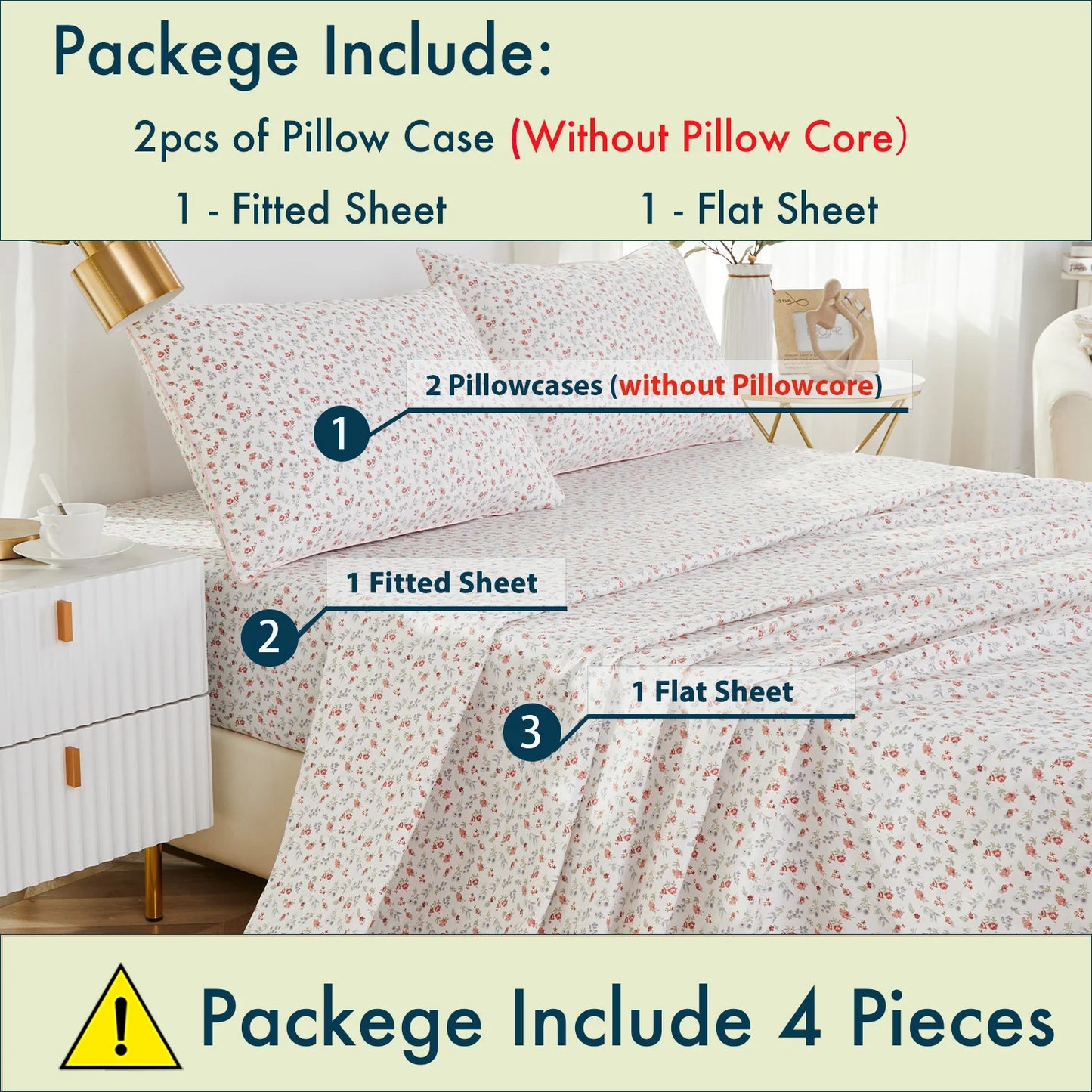 4pcs 600TC 100% Egyptian Cotton Fitted Sheet Set (Without Core)，Luxury Flower-Themed, Soft Breathable And Skin-friendly
