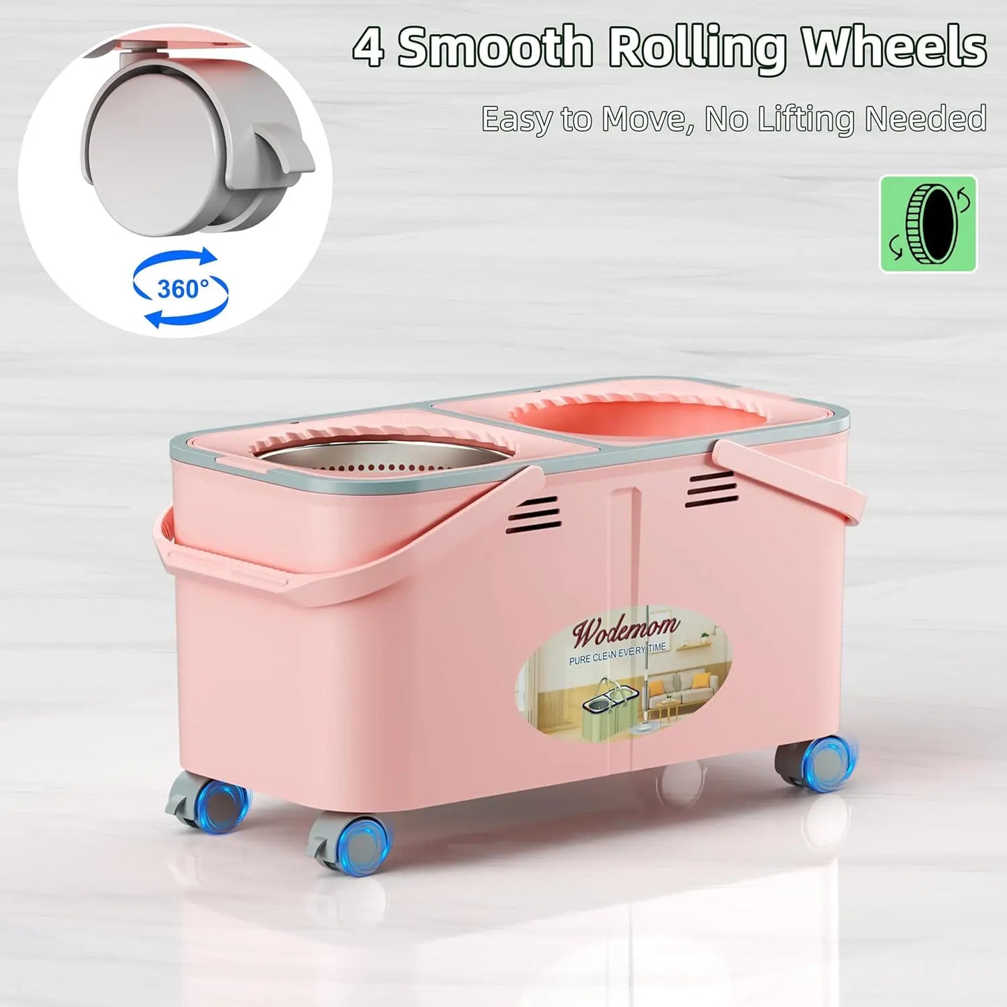 Upgraded Spin Mop Set with 4 Wheels, Separates Clean & Dirty Water, Includes 6 Washable Heads for Easy Floor Cleaning - Pink