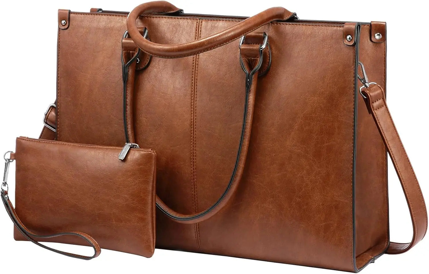 Vintage Leather Laptop Tote Bag for Women, 15.6 Inch Large Capacity Work Computer Shoulder Handbag in Dark Brown