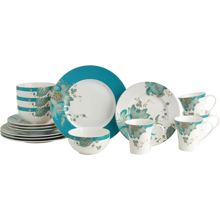 16Piece Porcelain Dinnerware Set for 4 Elegant Floral Plates and Bowls SetsWhite Teal Gold Ceramic Dishes Chip Resistant Kitche