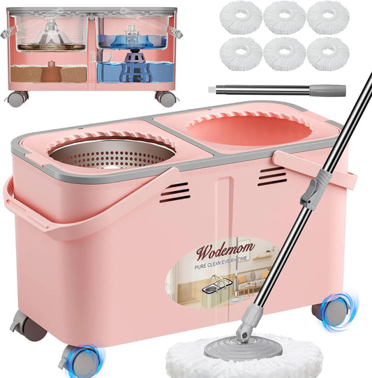 Upgraded Spin Mop Set with 4 Wheels, Separates Clean & Dirty Water, Includes 6 Washable Heads for Easy Floor Cleaning - Pink