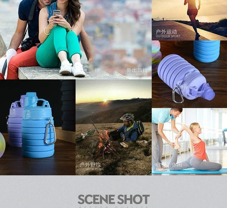 500ML Portable Retractable Silicone Bottle Folding Water Bottle Outdoor Travel Drinking Cup with Carabiner Collapsible Cup