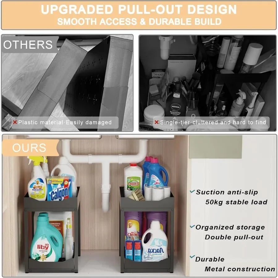 2-Tier Bathroom Organizers and Storage Metal Under Sink Organizers Pull Out Cabinet Organizer Shelf Sliding Drawer for Kitchen