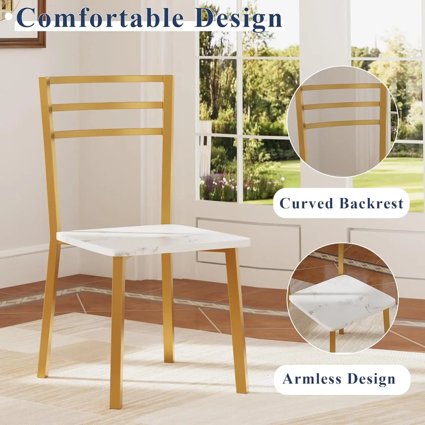 Small Round Dining Table Set for 2, Wood Top with Metal Frame, Modern Kitchen Breakfast Nook in White & Gold