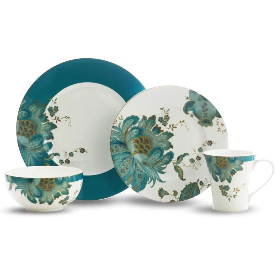 16Piece Porcelain Dinnerware Set for 4 Elegant Floral Plates and Bowls SetsWhite Teal Gold Ceramic Dishes Chip Resistant Kitche